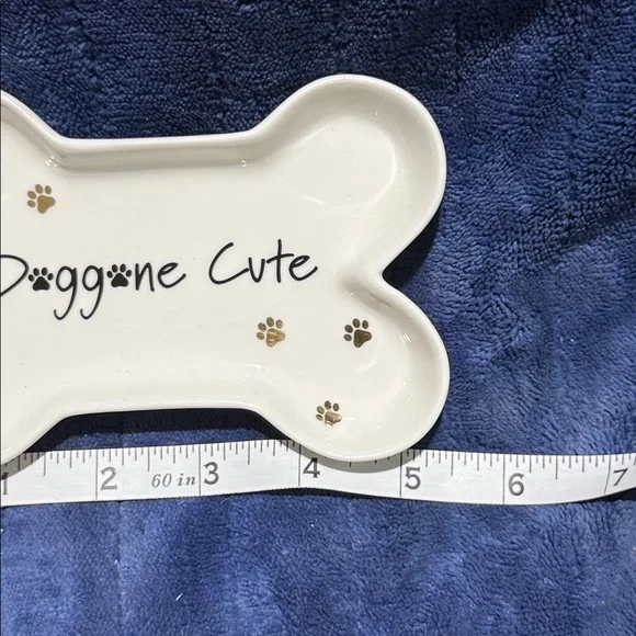 Doggone Cute Bone-Shaped Ceramic Dish - White with Gold Paw Prints - Picture 3 of 6